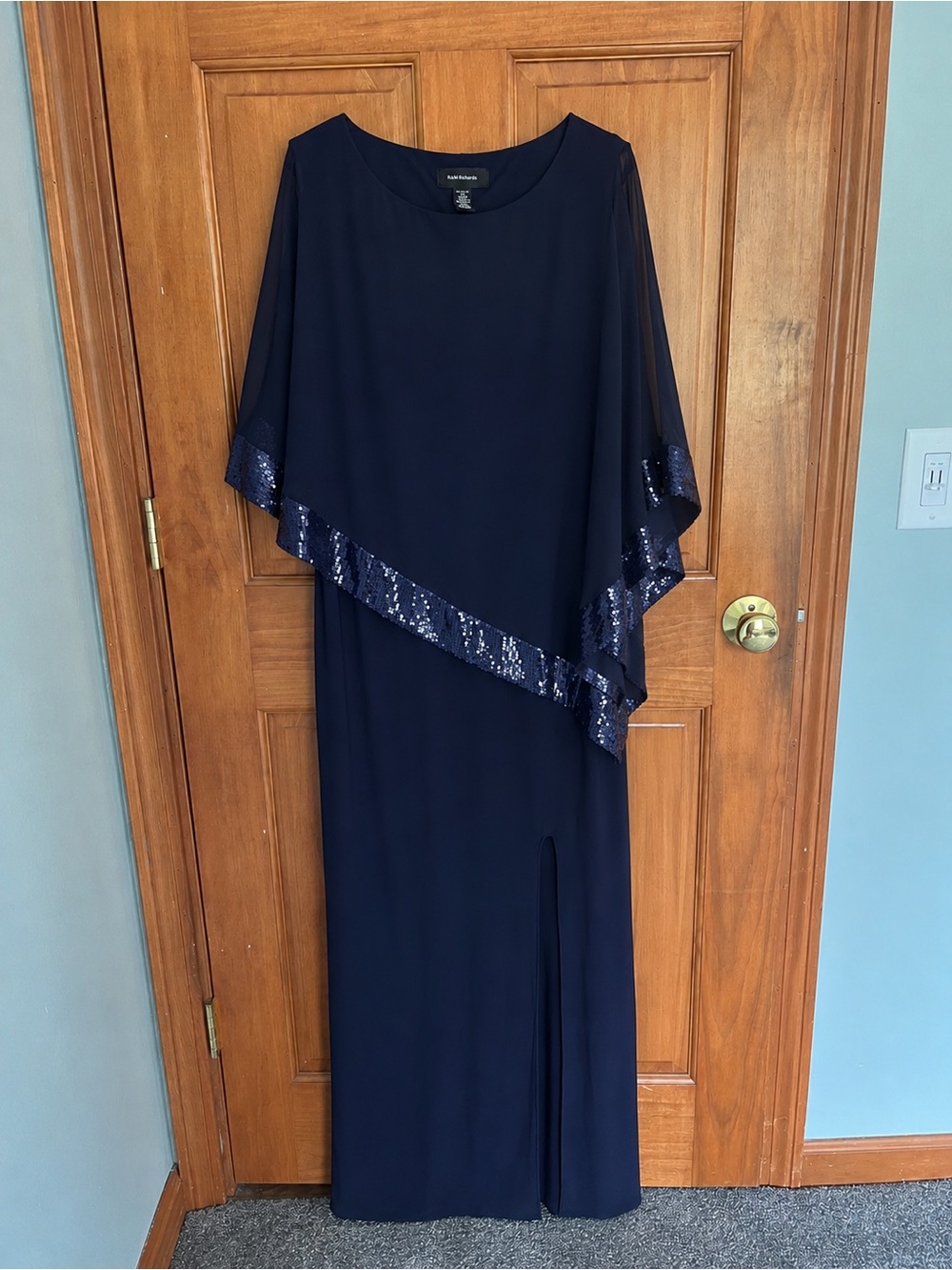 R&M Richards Navy Maxi Dress with Sequin-Trim Cape
